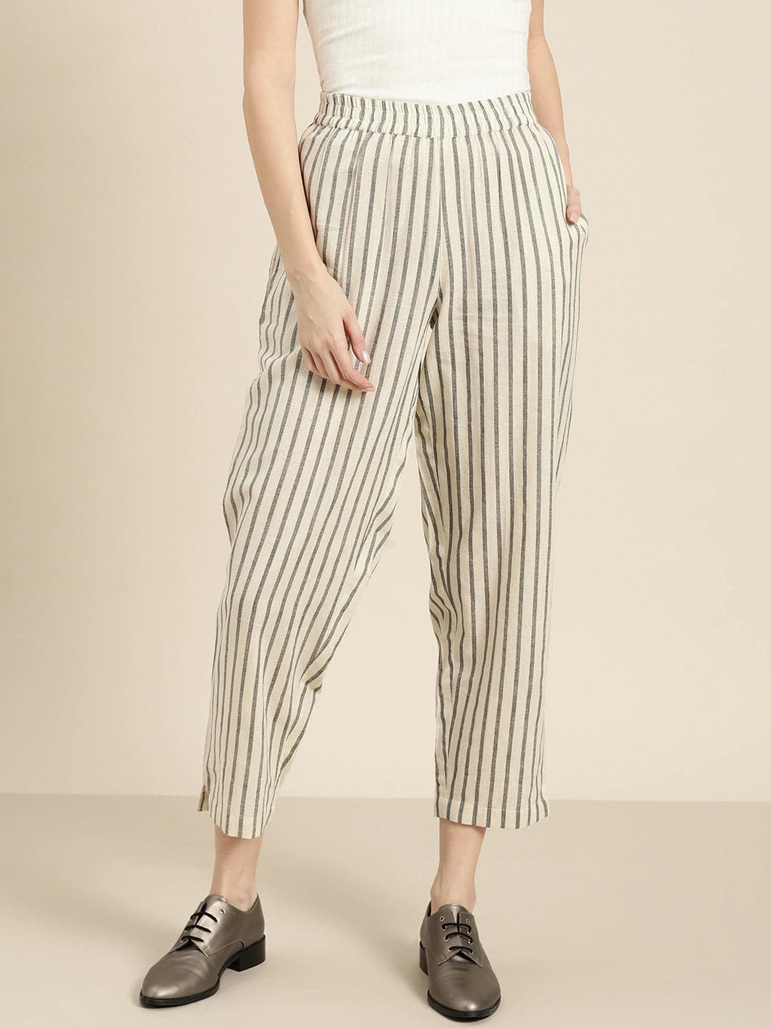 Buy Vishudh Grey and White Striped Straight Regular Trousers for Women  Online at Rs299  Ketch
