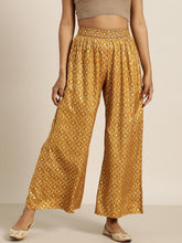 Mustard Foil Print Flared Liva Pants-Pants-SASSAFRAS