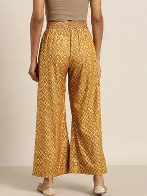 Mustard Foil Print Flared Liva Pants