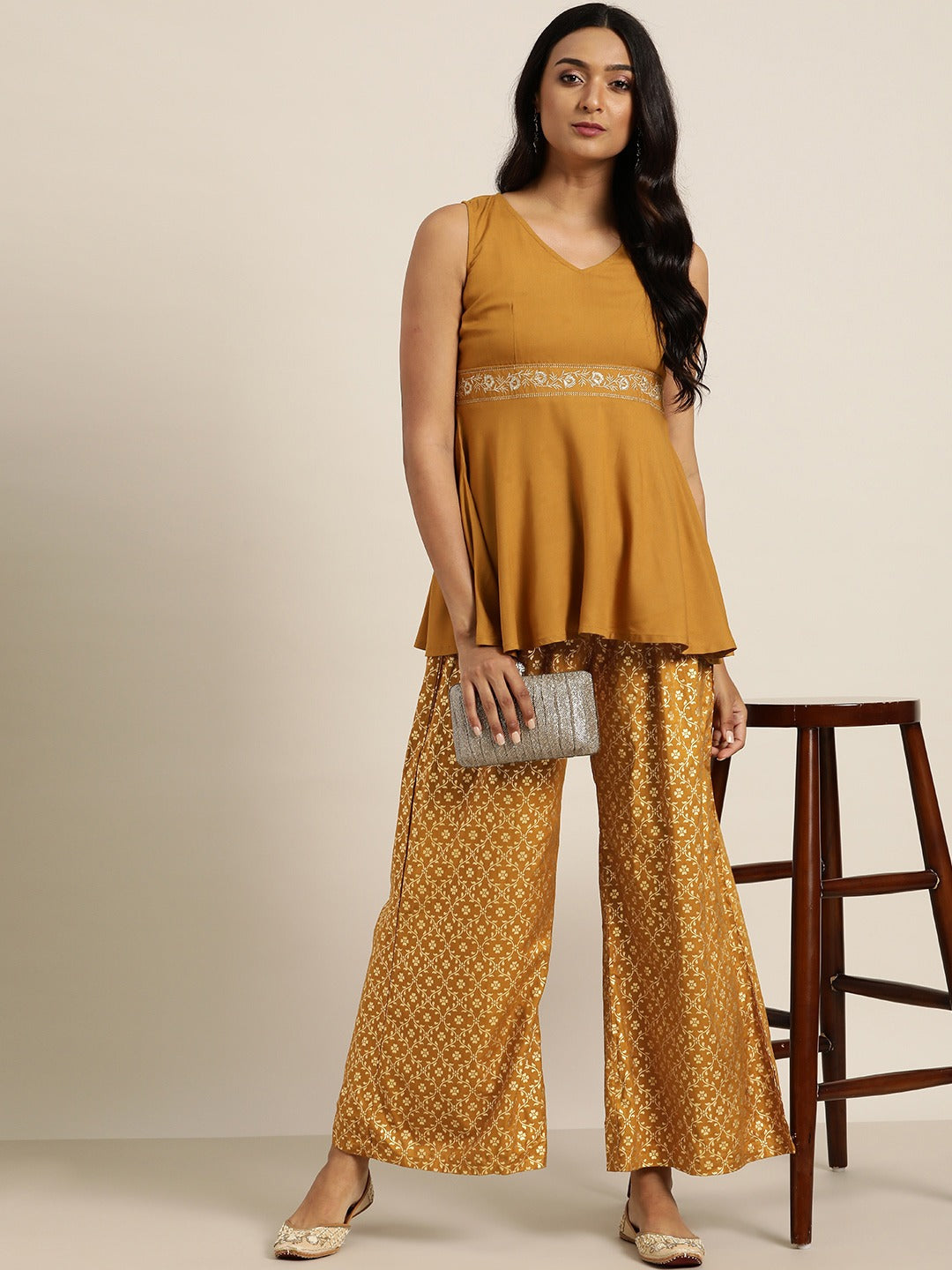 Mustard Foil Print Flared Liva Pants