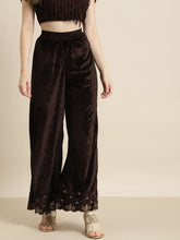 Brown Velvet Embroidered Flared Pants-Pants-SASSAFRAS