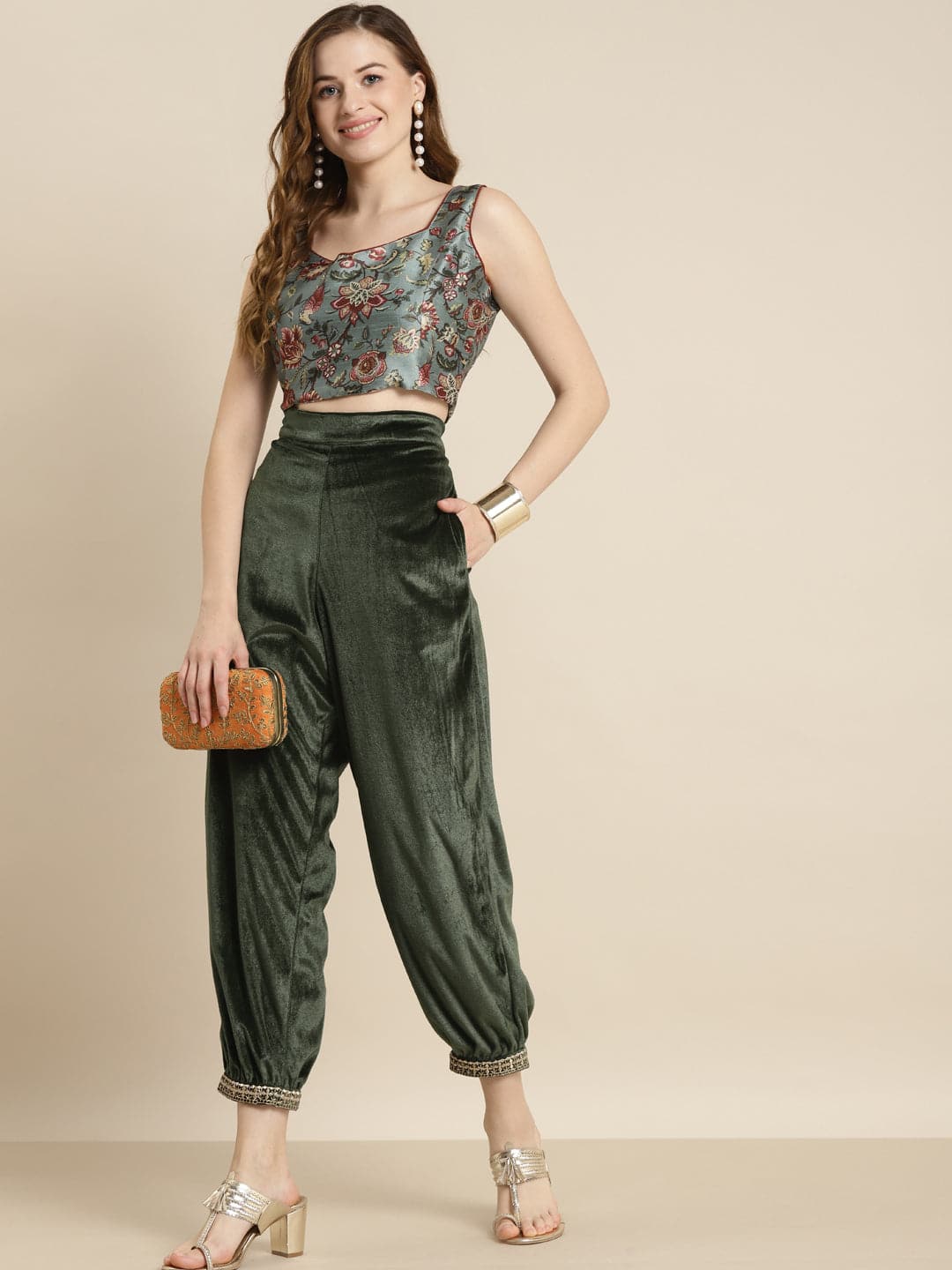 Buy Olive Embroidered Cuff Hem Velvet Pants Online At Best Price -  Sassafras.in