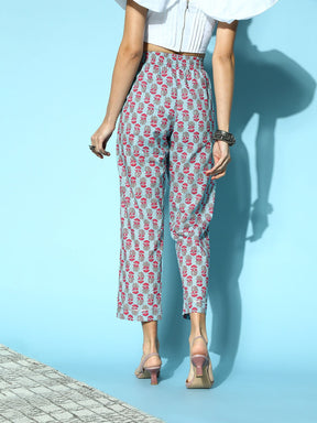 Women Sky Blue Booti Floral Tapered Pants