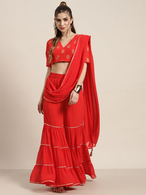 Women Red Tiered Palazzo With Attached Pallu-Pants-SASSAFRAS