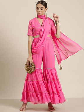 Women Pink Tiered Palazzo With Attached Pallu-Pants-SASSAFRAS