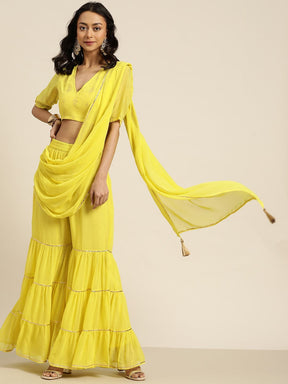 Women Lime Green Tiered Palazzo With Attached Pallu-Pants-SASSAFRAS