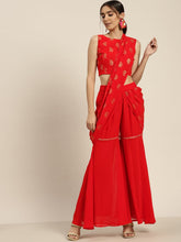 Women Red Sharara Pants With Attached Pallu-Pants-SASSAFRAS