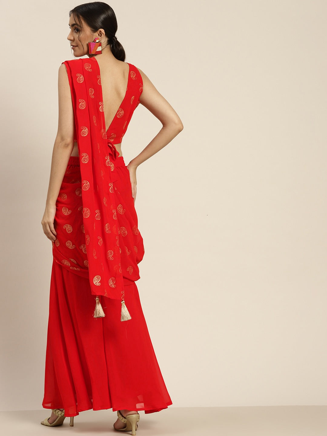 Women Red Sharara Pants With Attached Pallu