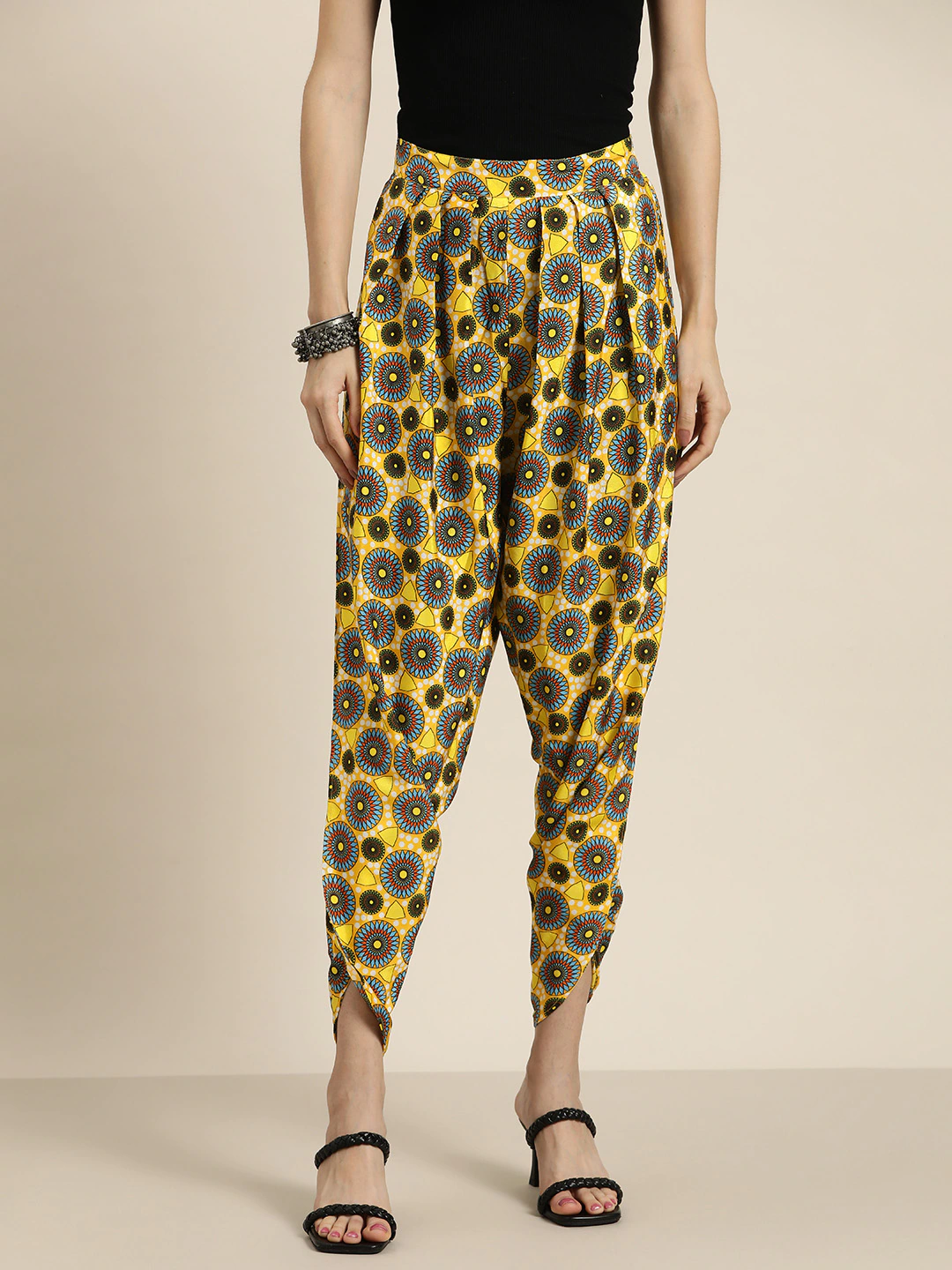 Women Yellow Geometric Print Dhoti Pants-Pants-SASSAFRAS