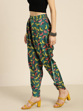 Women Teal Floral Dhoti Pants