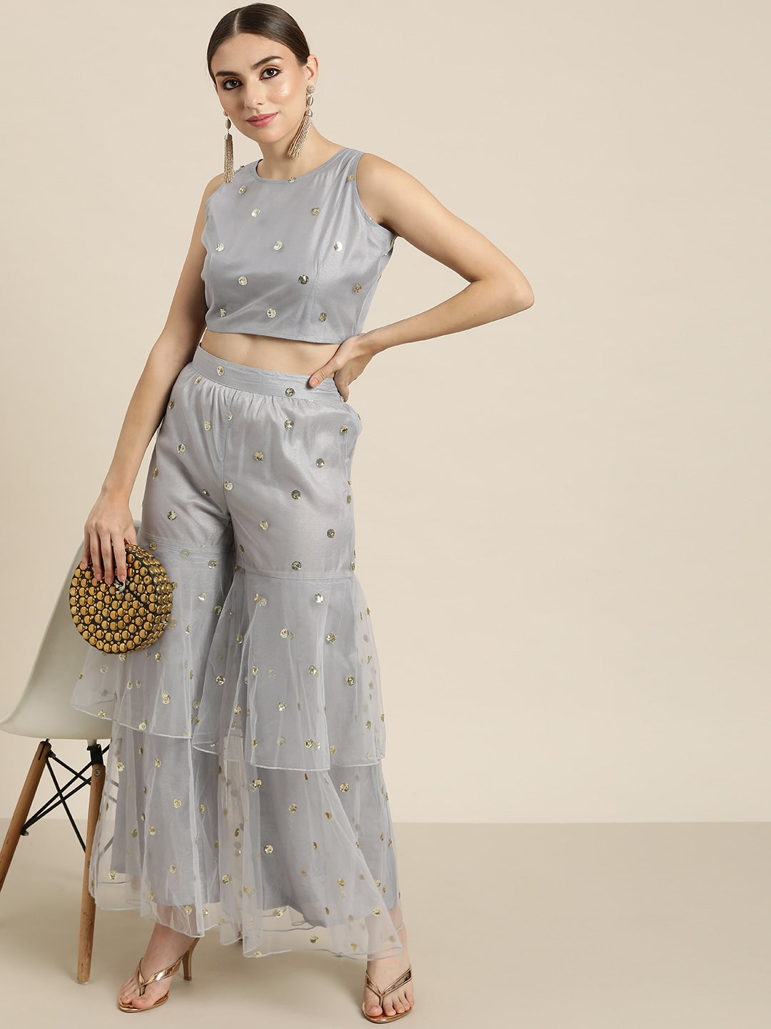 Women Steel Grey Tulle Frilly Sharara Pants