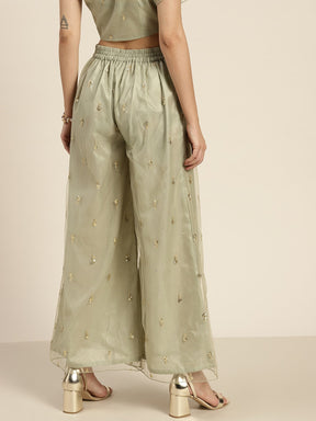 Women Olive Tulle Sequins Flared Pants