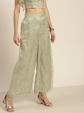 Women Olive Tulle Sequins Flared Pants