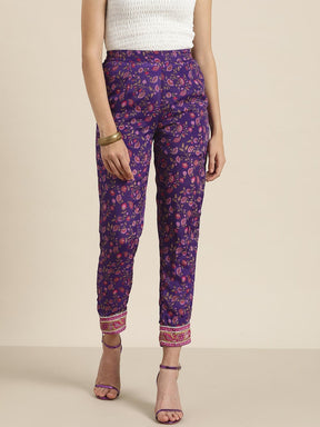 Women Purple Floral Pencil Pants-Pants-SASSAFRAS