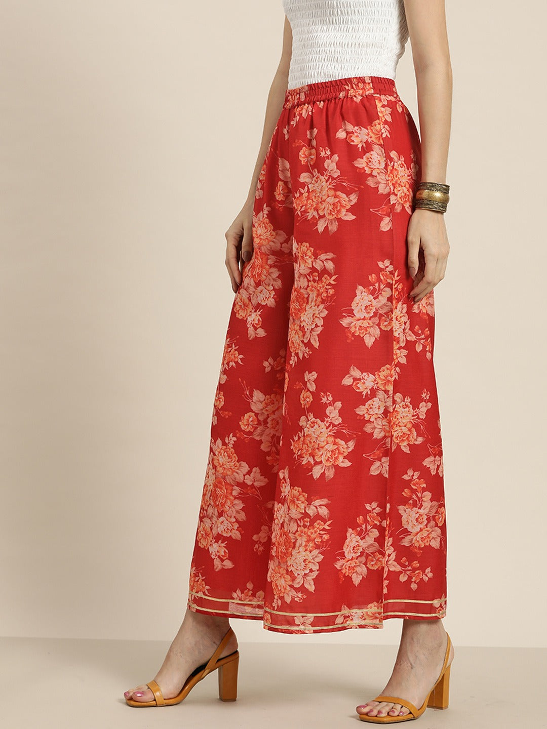 Buy Linen Bloom Multicolor Utsav Red Floral Print Pants for Women Online   Tata CLiQ Luxury