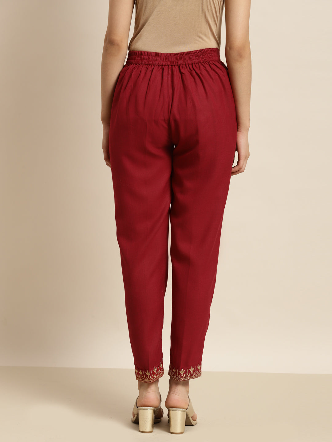 Women Maroon Embroidered Pencil Pants