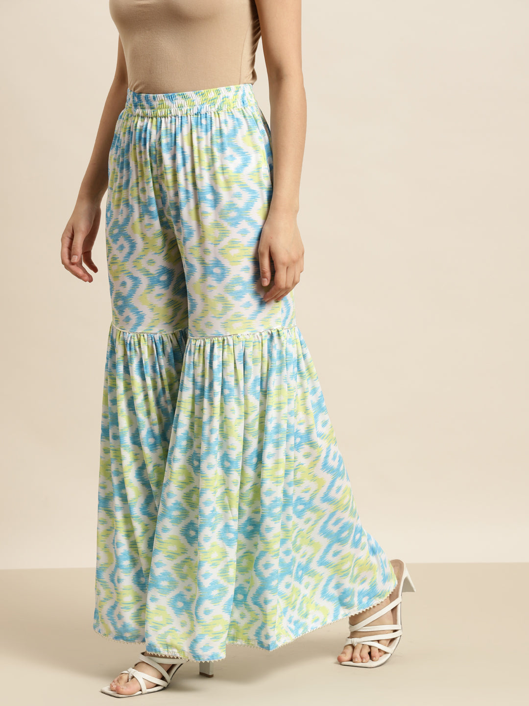 Buy Women Blue & Green Ikat Print Flared Sharara Pants Online at Sassafras