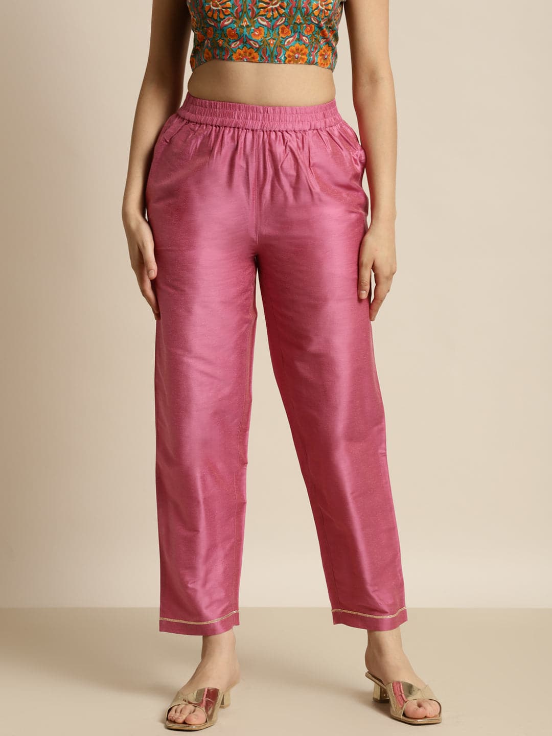 Women Pink Chanderi Inlay Pocket Pants-Pants-SASSAFRAS