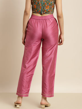 Women Pink Chanderi Inlay Pocket Pants