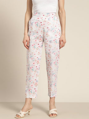 White Floral Sustainable Straight Pants Shae by SASSAFRAS