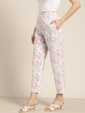 Women White Floral Sustainable Straight Pants