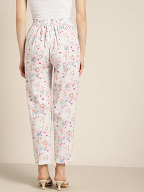 Women White Floral Sustainable Straight Pants