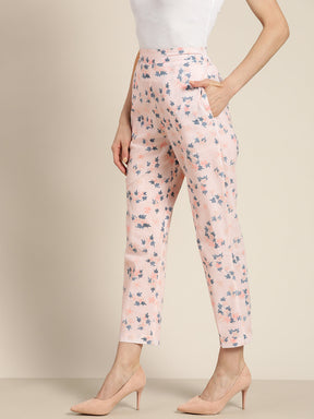 Women Powder Pink Floral Sustainable Straight Pants