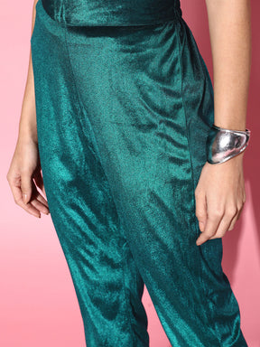 Women Emerald Green Velvet Embroidered Pencil Pants