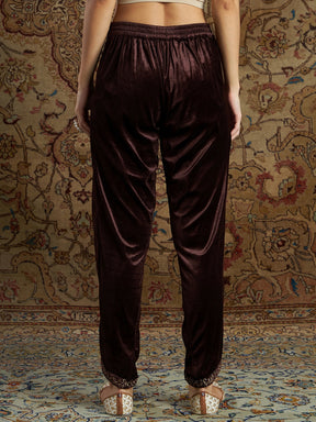 Women Brown Velvet Zari Embroidered Tulip Pants