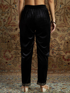 Women Black Velvet Zari Embroidered Pencil Pants