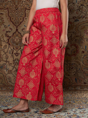 Women Red Brocade Floral Ankle Palazzo Pants