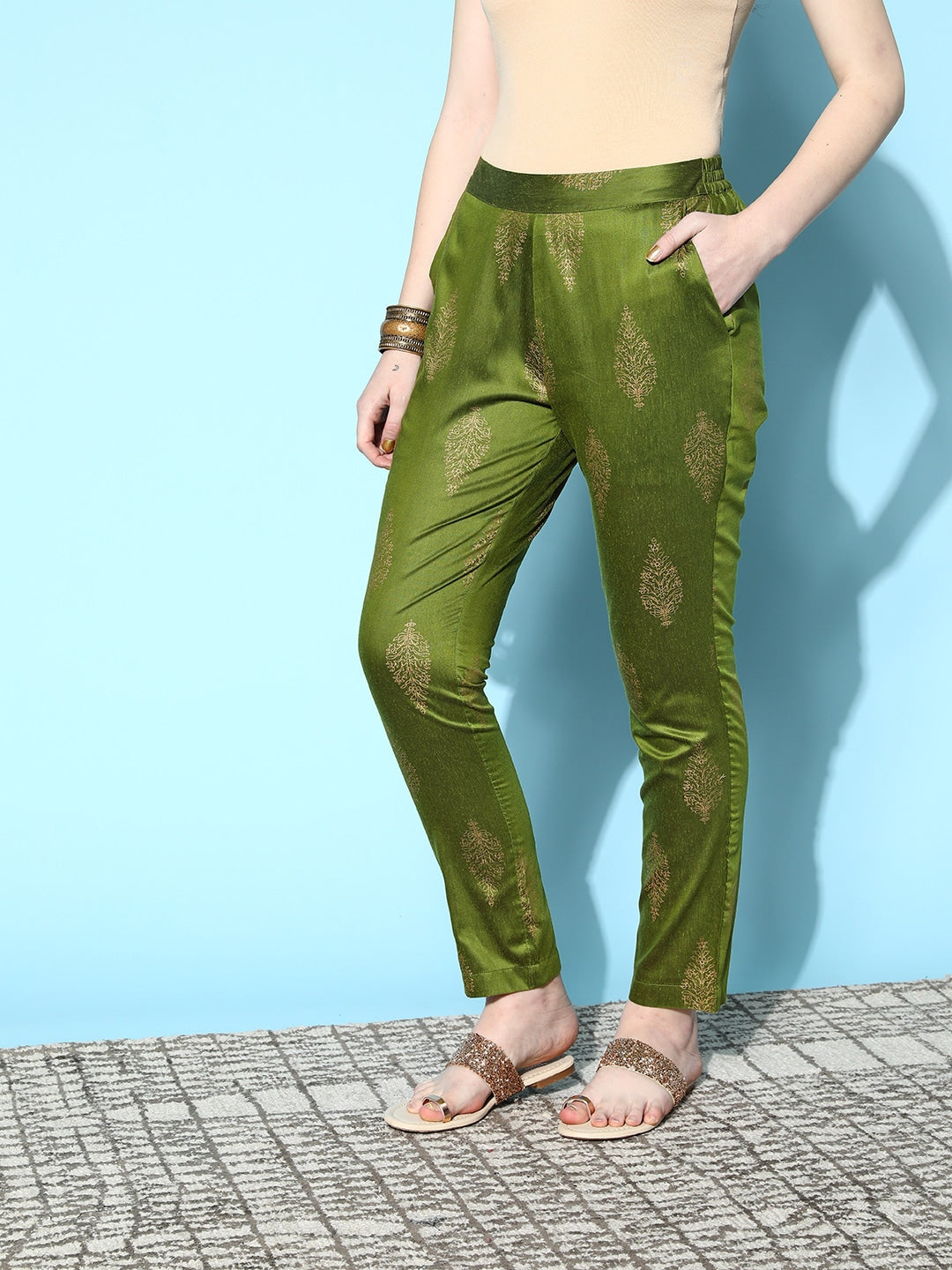 Women Sea Green Comfort Slim Fit Solid Cigarette Trousers