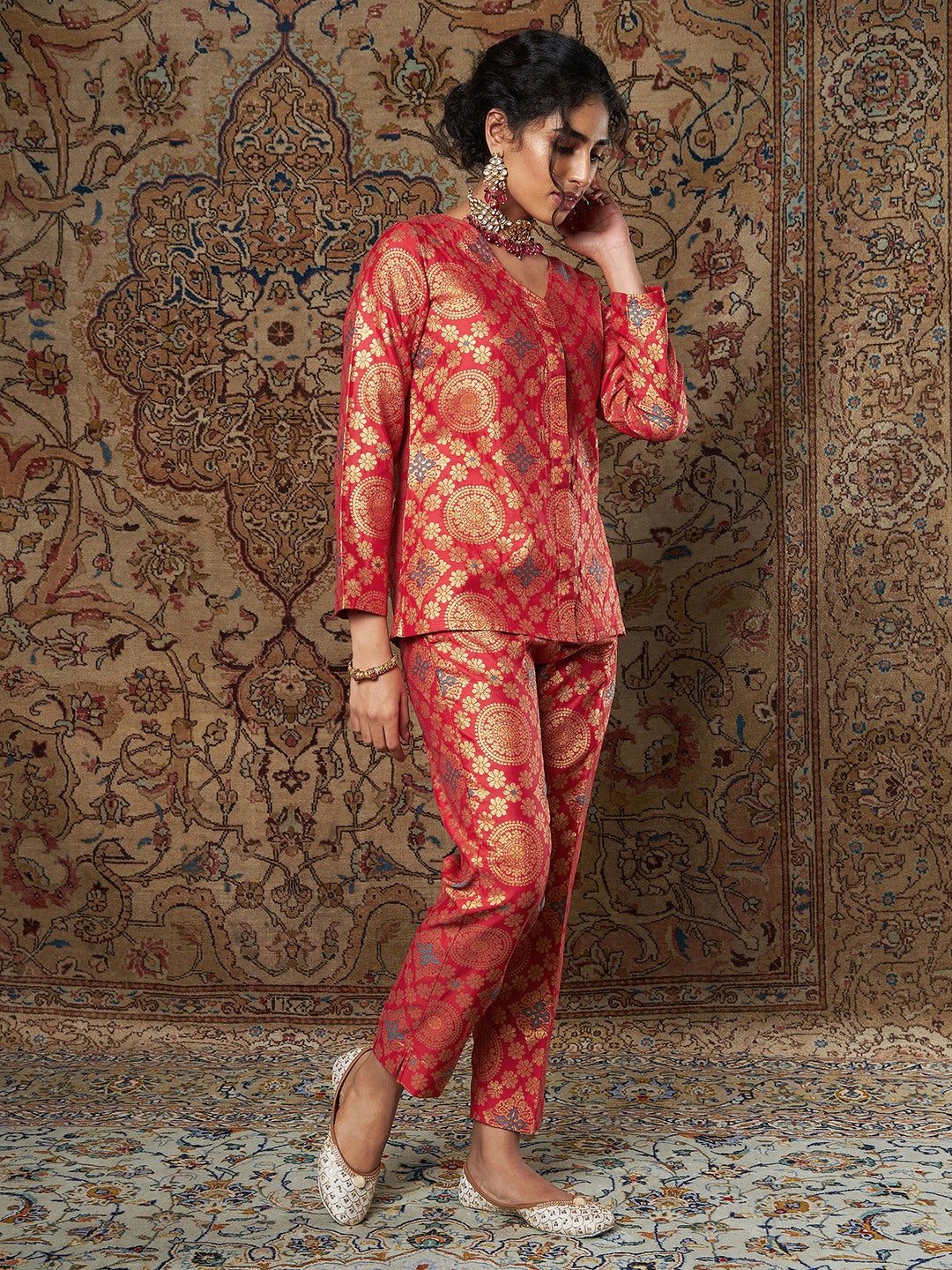 Red Large Indian Motif Brocade Pants-Shae by SASSAFRAS