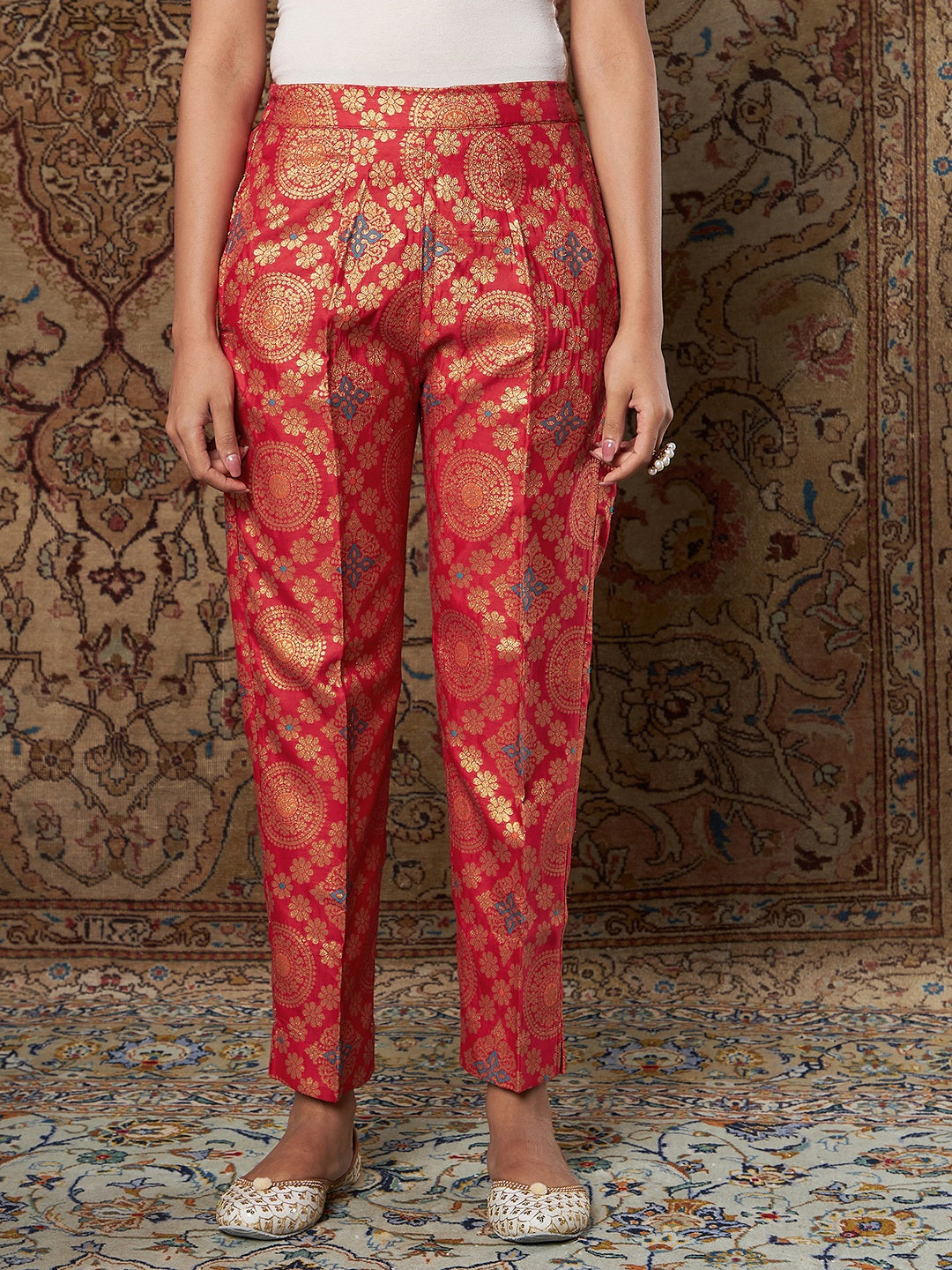 Women Red Large Indian Motif Brocade Pants