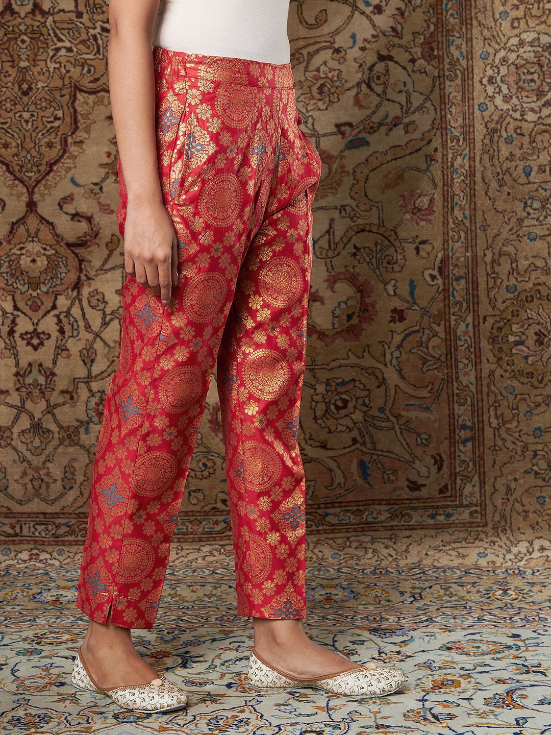 Women Red Large Indian Motif Brocade Pants