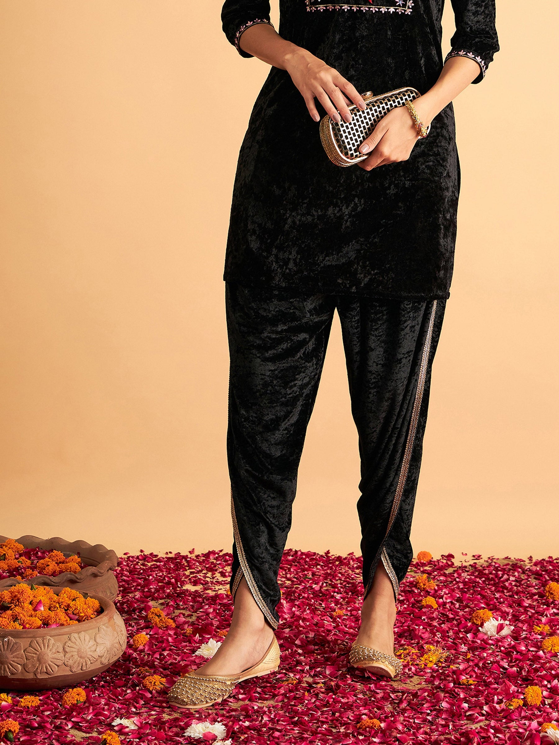 Buy Women Olive Mirror Embroidered Top With Dhoti Pants Online at Sassafras