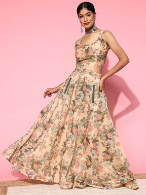 Women Beige Floral Crop Top with Anarkali Skirt-Clothing Sets-SASSAFRAS