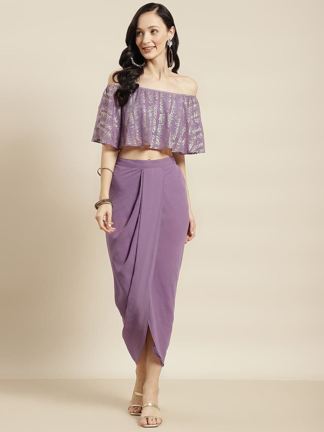 Women Purple Shloka Foil Crop Top With Dhoti Skirt-Lehenga Choli Set-SASSAFRAS