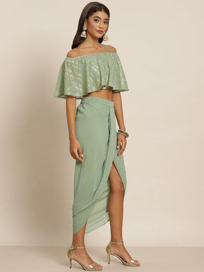 Women Green Shloka Foil Crop Top With Dhoti Skirt
