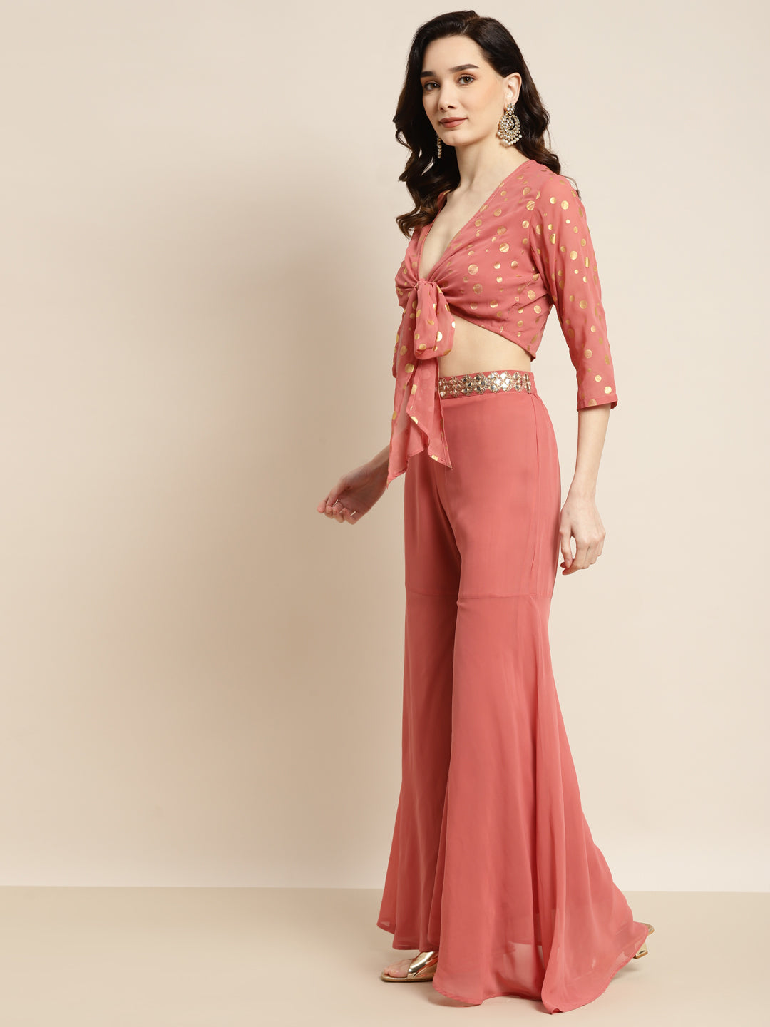 Designer Red Crop top with sharara and Shrug
