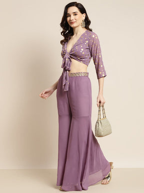 Women Purple Foil Print Crop Top With Sharara Pants-Co-Ords-SASSAFRAS