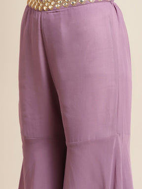 Women Purple Foil Print Crop Top With Sharara Pants