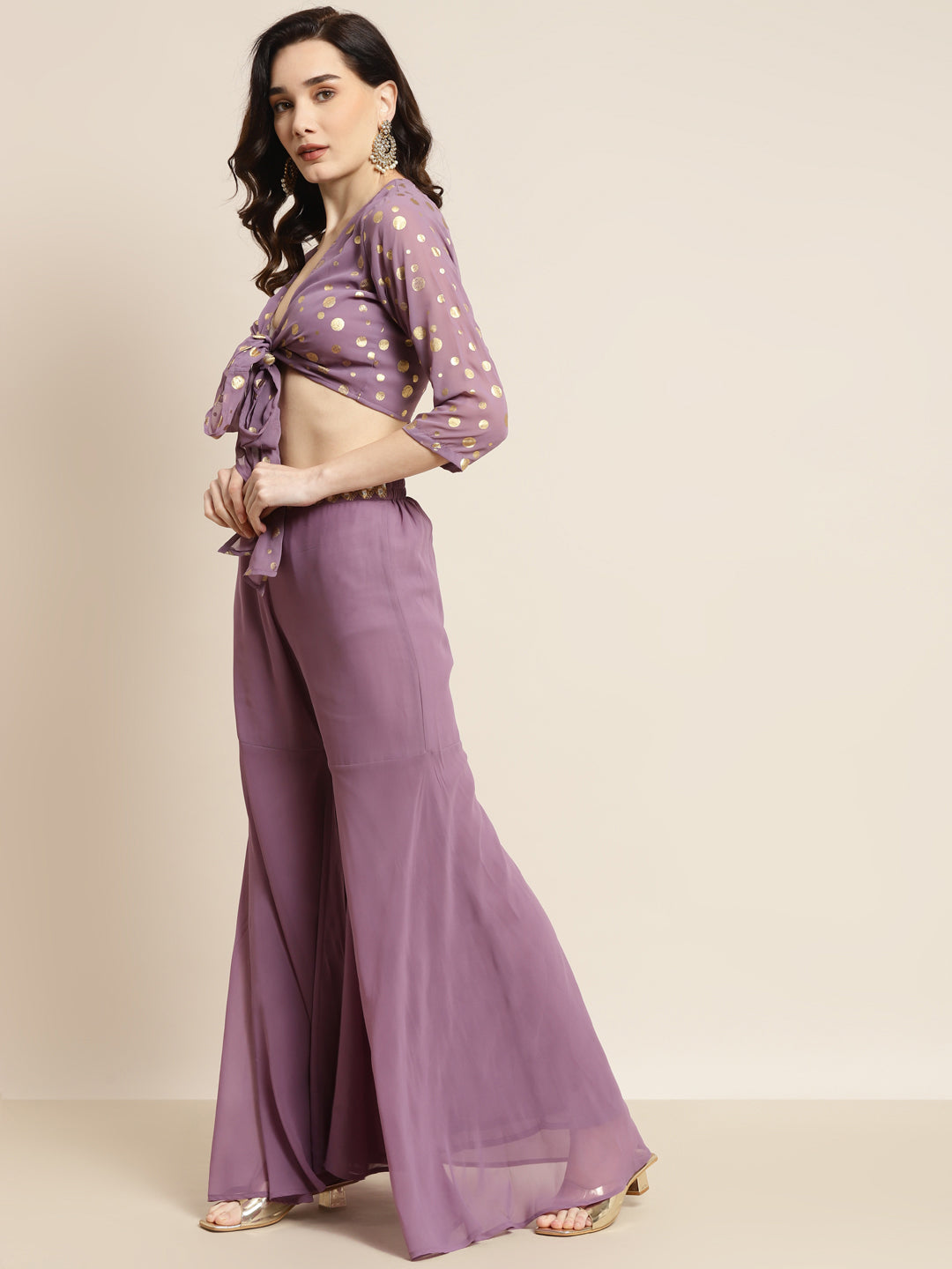 Women Purple Foil Print Crop Top With Sharara Pants