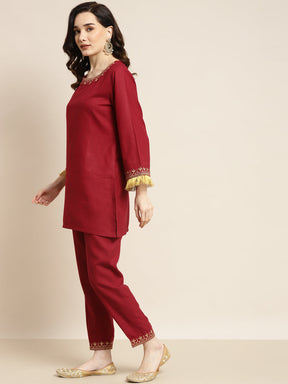 Women Maroon Embroidered Short Kurta With Pencil Pants