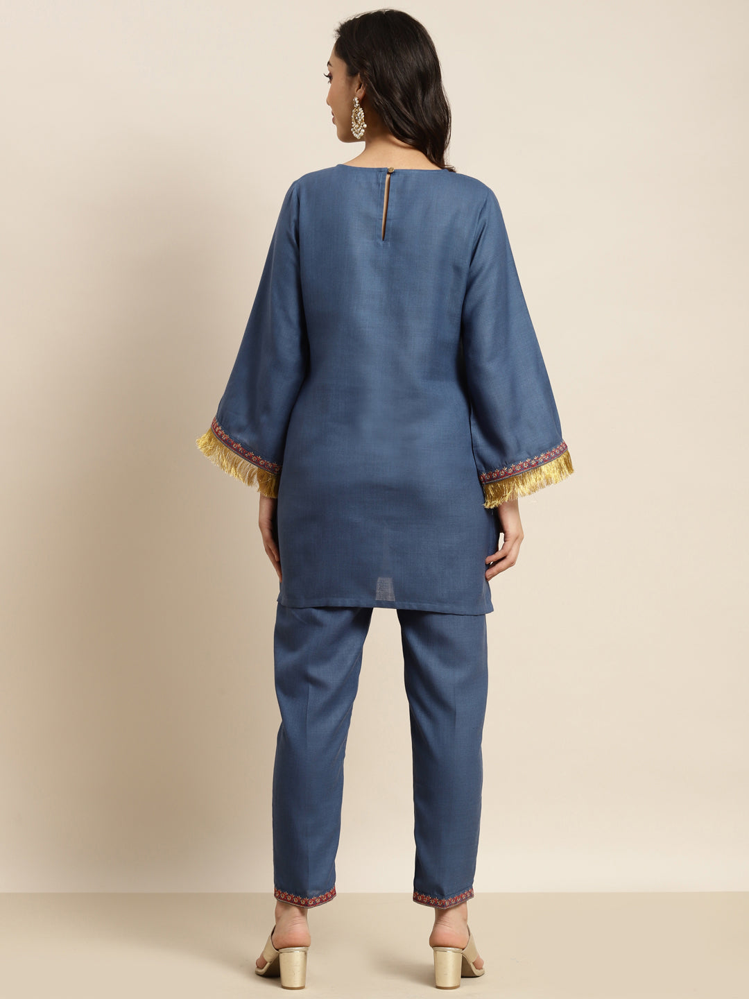 Women Blue Embroidered Short Kurta With Pencil Pants