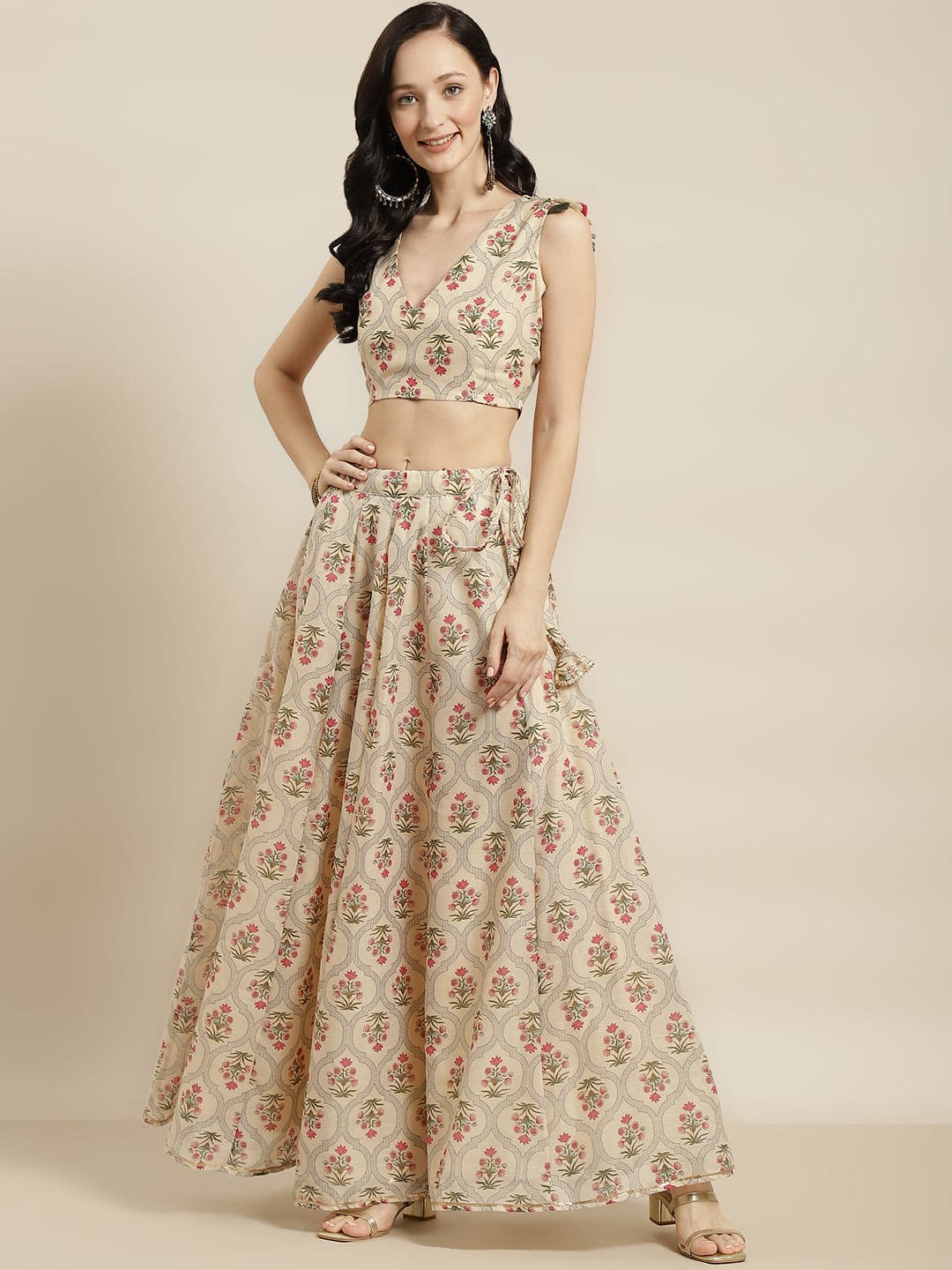 Women Beige Mughal Floral Crop Top With Anarkali Skirt-Lehenga Choli Set-SASSAFRAS