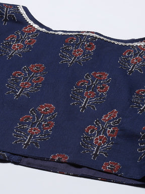 Women Navy Floral Crop Top With Anarkali Skirt