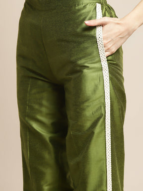 Women Olive Mirror Lace Kurta With Pencil Pants