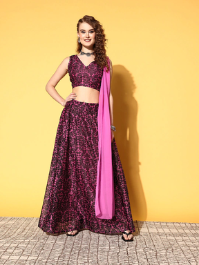 Women Pink Floral Crop Top With Aanrakali Skirt