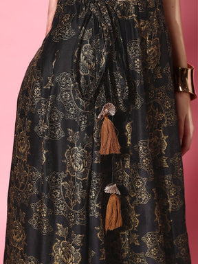 Women Black Floral Crop Top With Aanrakali Skirt
